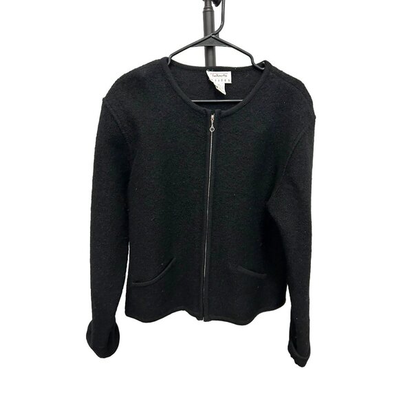 Vintage 90s Talbots Petites Black Wool Blend Zip Up Sweater Jacket Sz LP - Picture 1 of 8